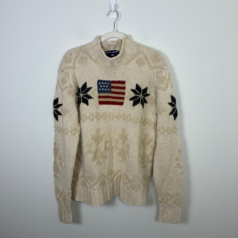 Ralph Lauren Cream Turtleneck Sweater with Flag Design